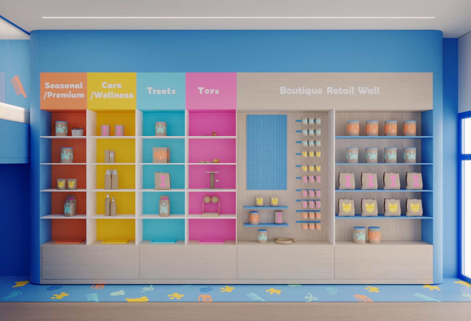 The retail wall with color-coded categories
